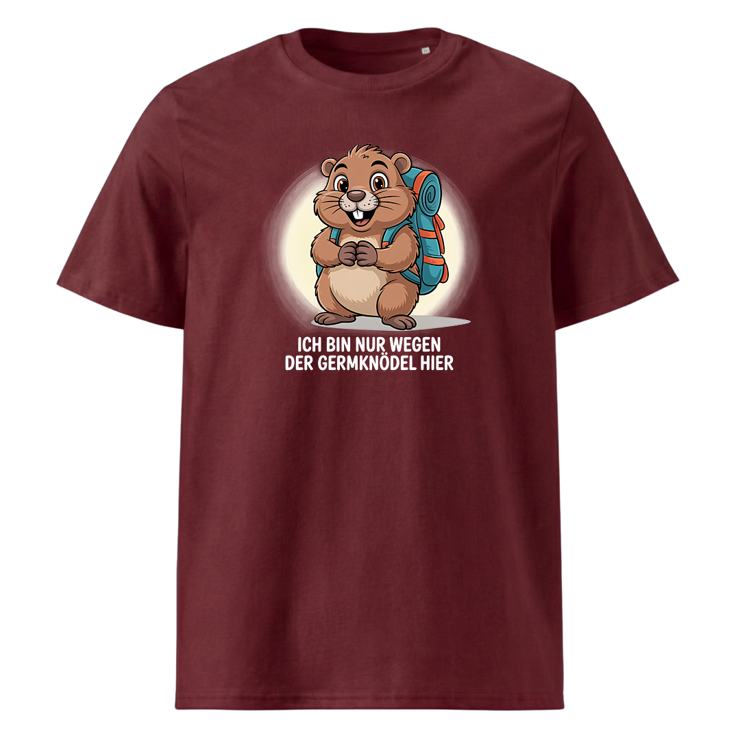 Wegen der Germknödel T-Shirt Unisex mit Hütten-Spruch, Print Nahaufnahme