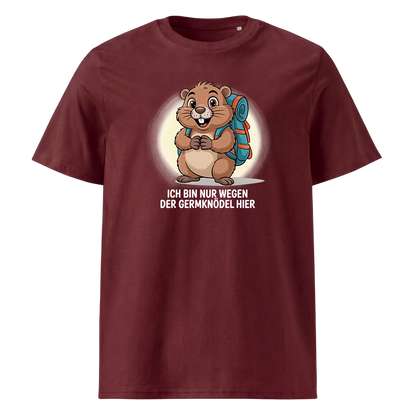 Wegen der Germknödel T-Shirt Unisex mit Hütten-Spruch, Print Nahaufnahme