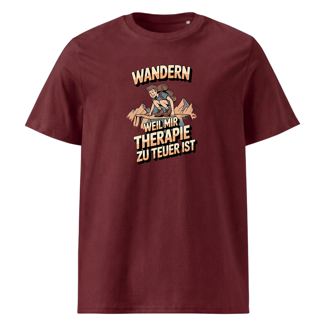 Wandern weil Therapie zu teuer ist T-Shirt Unisex mit Spruch, Print Nahaufnahme