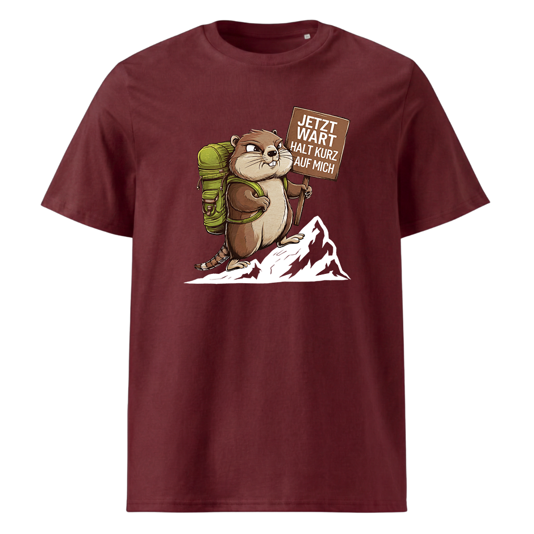 Warte Kurz T-Shirt mit Wander-Spruch, Print Nahaufnahme