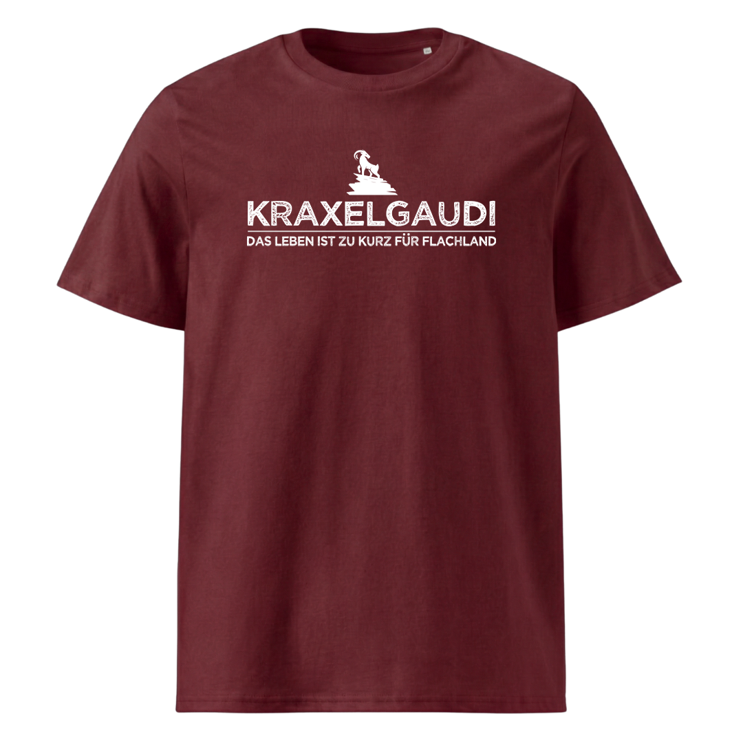 Kraxelgaudi T-Shirt Unisex mit Berg-Logo, Print Nahaufnahme