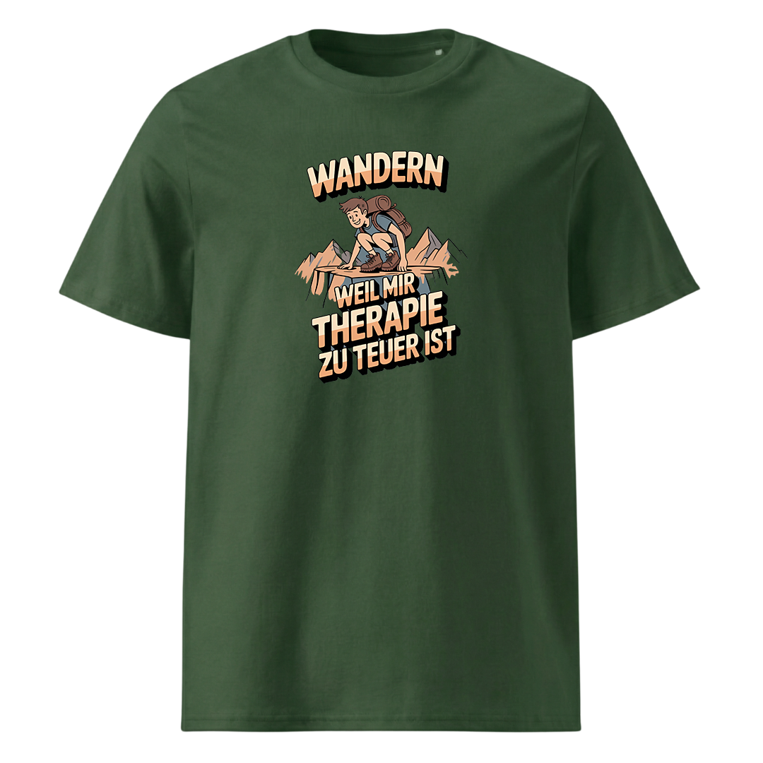 Wandern weil Therapie zu teuer ist T-Shirt Unisex mit Spruch, Detailansicht