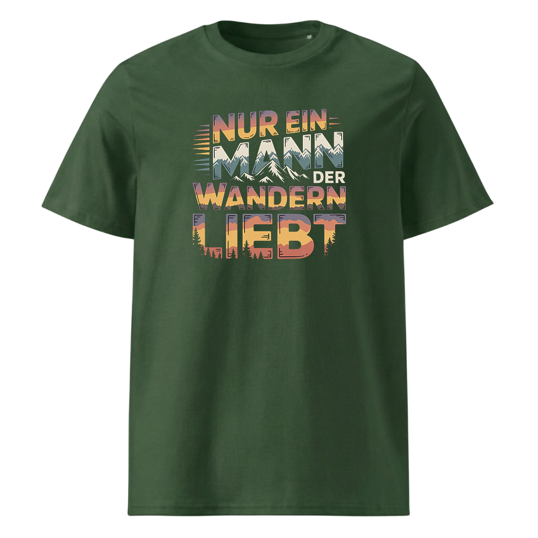 Nur ein Mann der Wandern liebt T-Shirt Unisex mit Wander-Motiv, Detailansicht