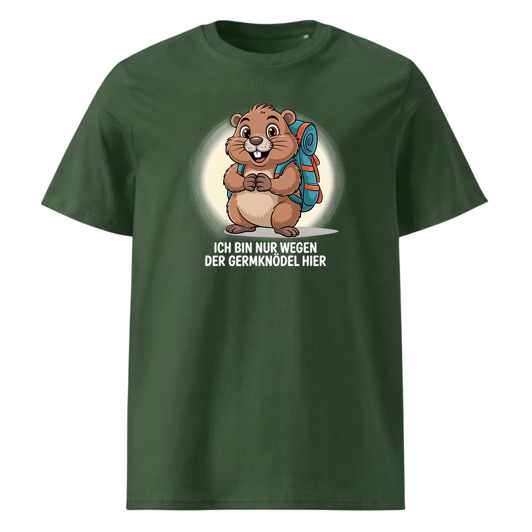 Wegen der Germknödel T-Shirt Unisex mit Hütten-Spruch, Detailansicht