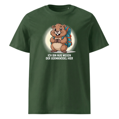 Wegen der Germknödel T-Shirt Unisex mit Hütten-Spruch, Detailansicht