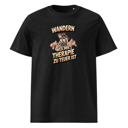 Wandern weil Therapie zu teuer ist T-Shirt Unisex mit Spruch, Frontansicht