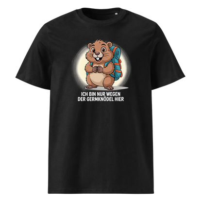 Wegen der Germknödel T-Shirt Unisex mit Hütten-Spruch, Frontansicht