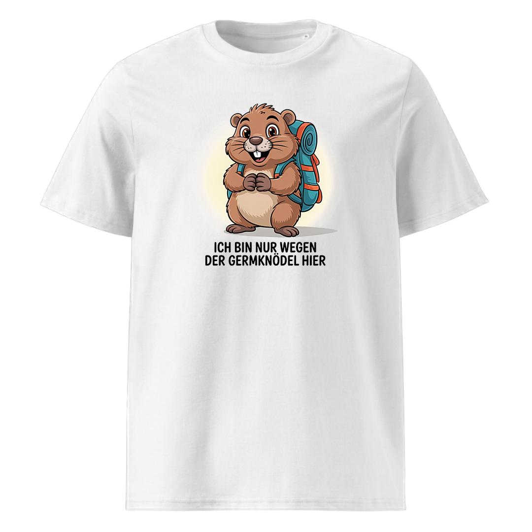 Wegen der Germknödel T-Shirt Unisex mit Hütten-Spruch, Motivdetail