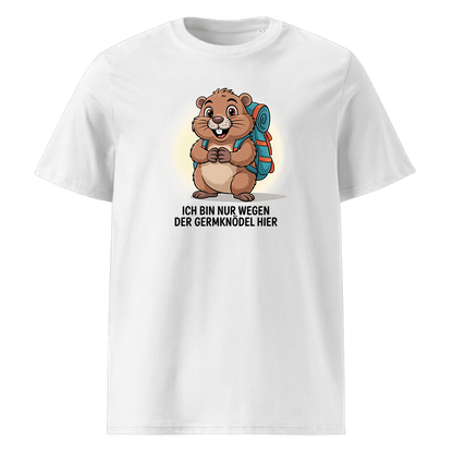 Wegen der Germknödel T-Shirt Unisex mit Hütten-Spruch, Motivdetail