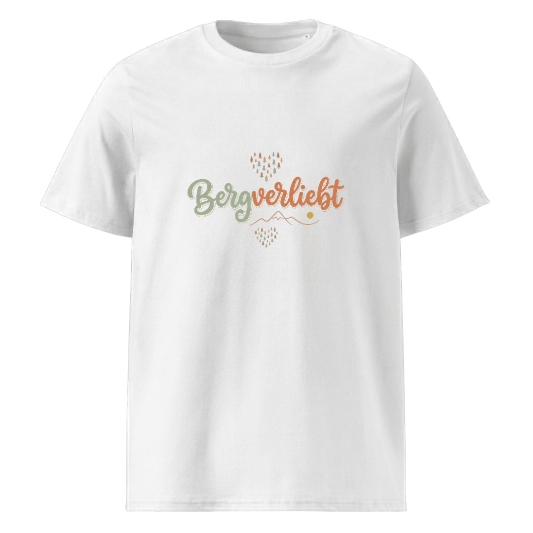 Bergverliebt Berg T-Shirt Unisex in Weiß mit Spruch-Brustdruck