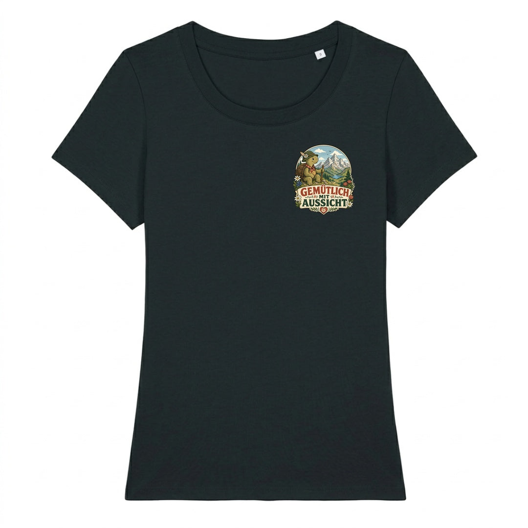 Gemütlich mit Aussicht Damenshirt mit Brustdruck, Kraxelgaudi