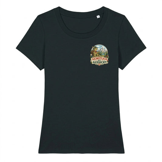 Gemütlich mit Aussicht Damenshirt mit Brustdruck, Kraxelgaudi