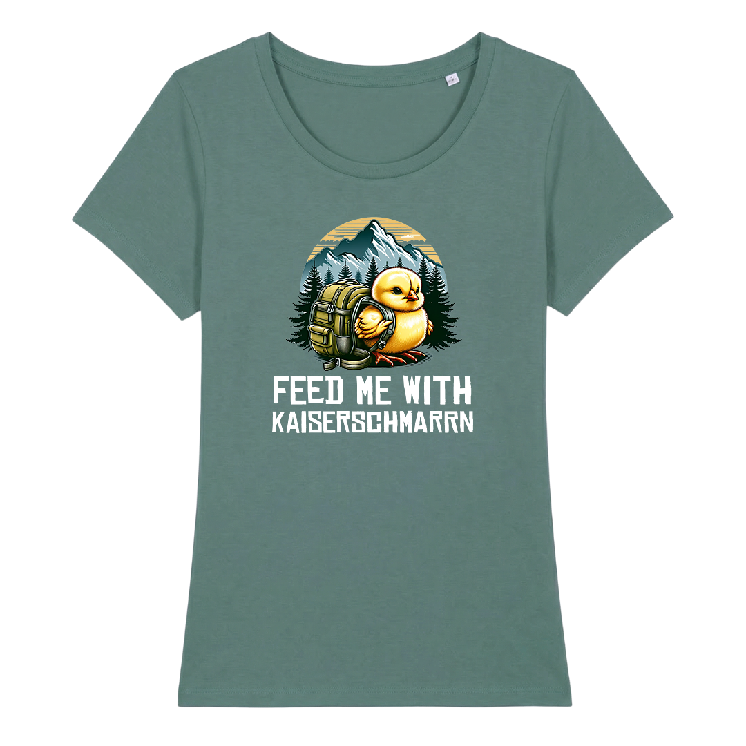 Feed Me Frauen Shirt mit Schriftzug, Detailansicht