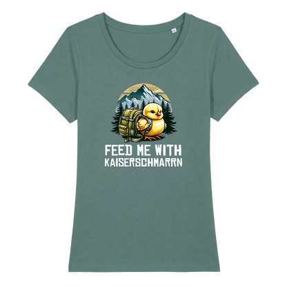 Feed Me Frauen Shirt mit Schriftzug, Detailansicht