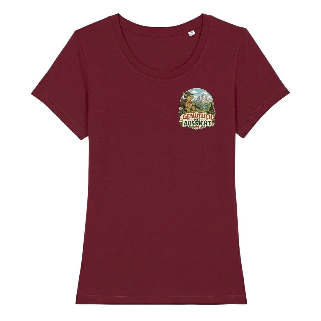 Gemütlich mit Aussicht Damenshirt mit Brustdruck, Kraxelgaudi