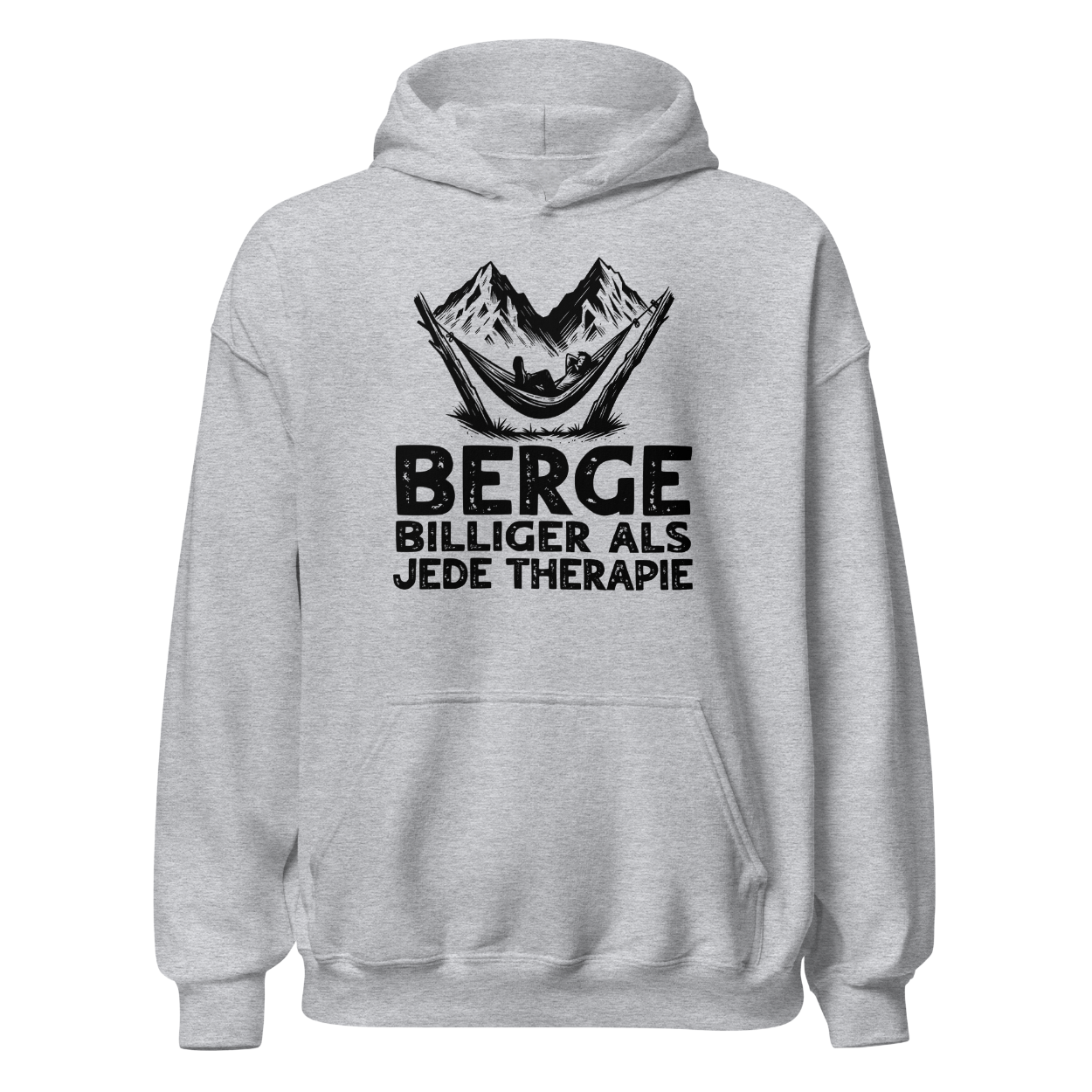 Bergtherapie Hoodie mit Berg-Spruch, Produktansicht
