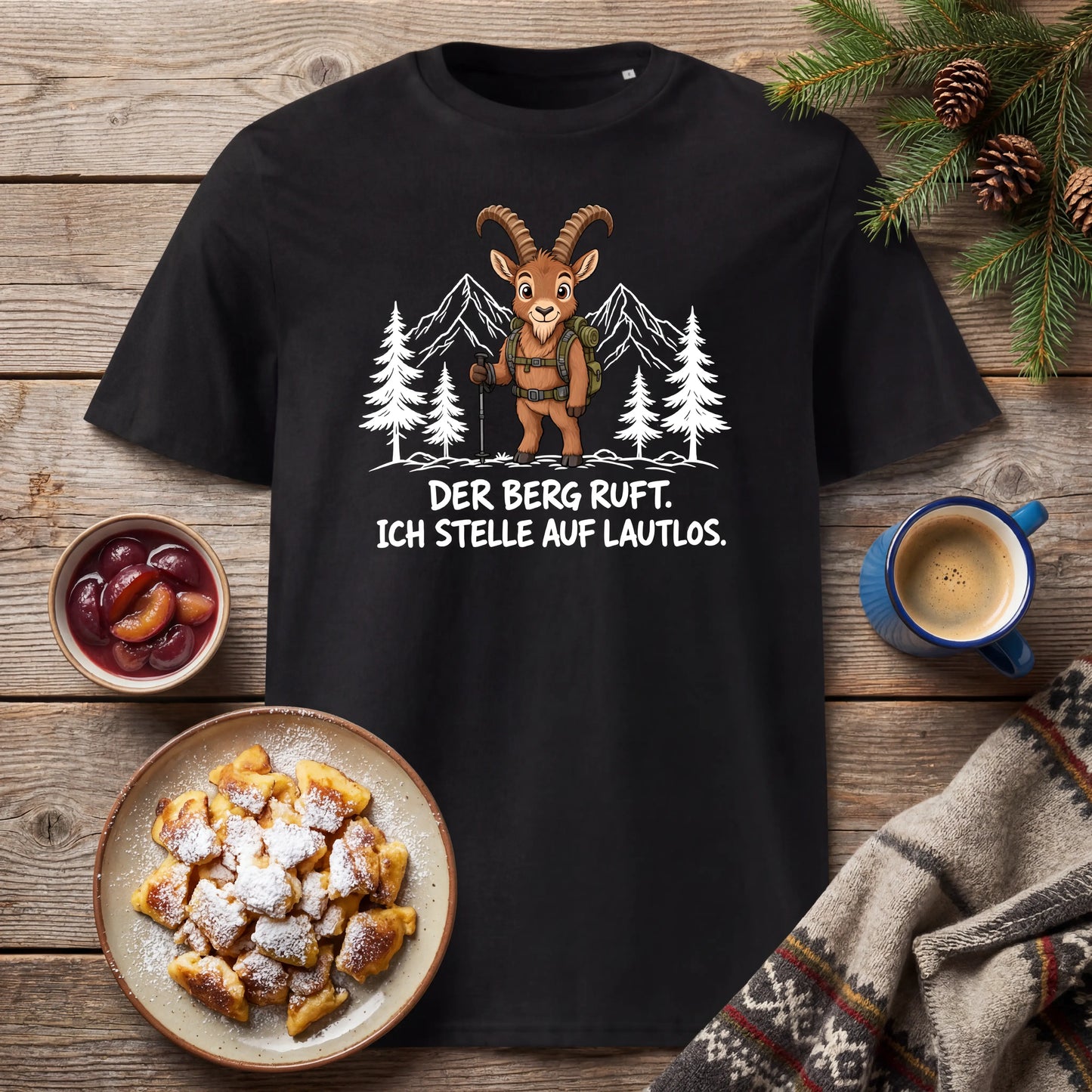 Berg ruft lautlos Steinbock T-Shirt Unisex Flatlay