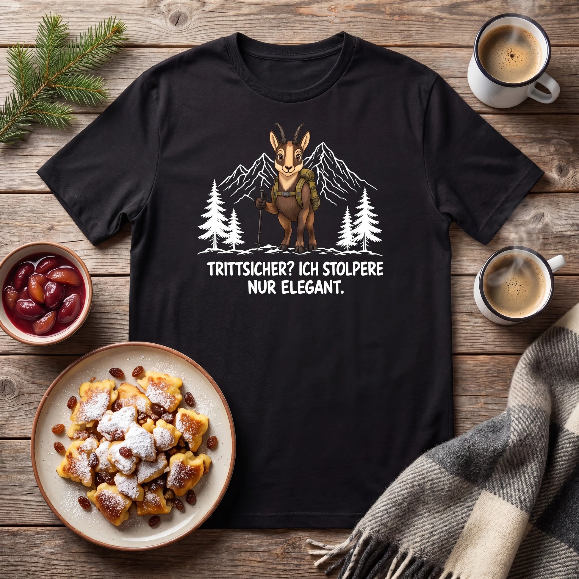Trittsicher elegant Steinbock T-Shirt Unisex Flatlay