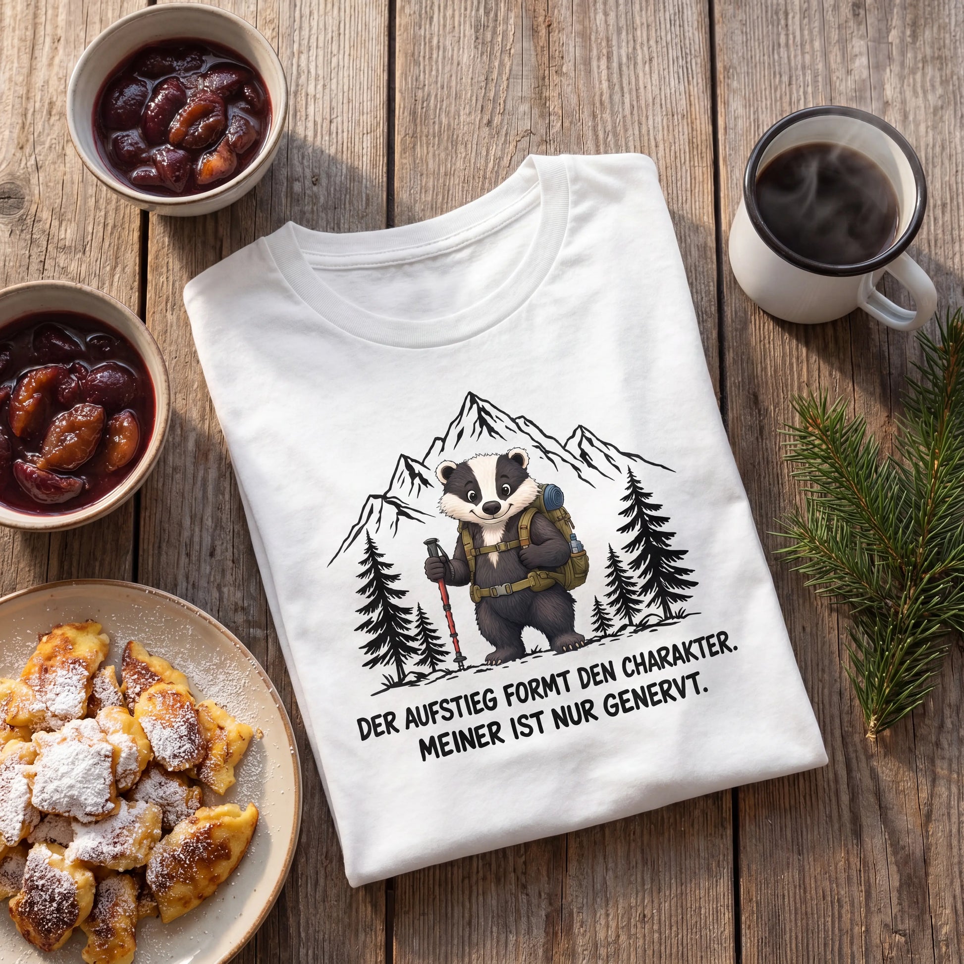 Aufstieg genervt Dachs T-Shirt Unisex Flatlay Weiß gefaltet