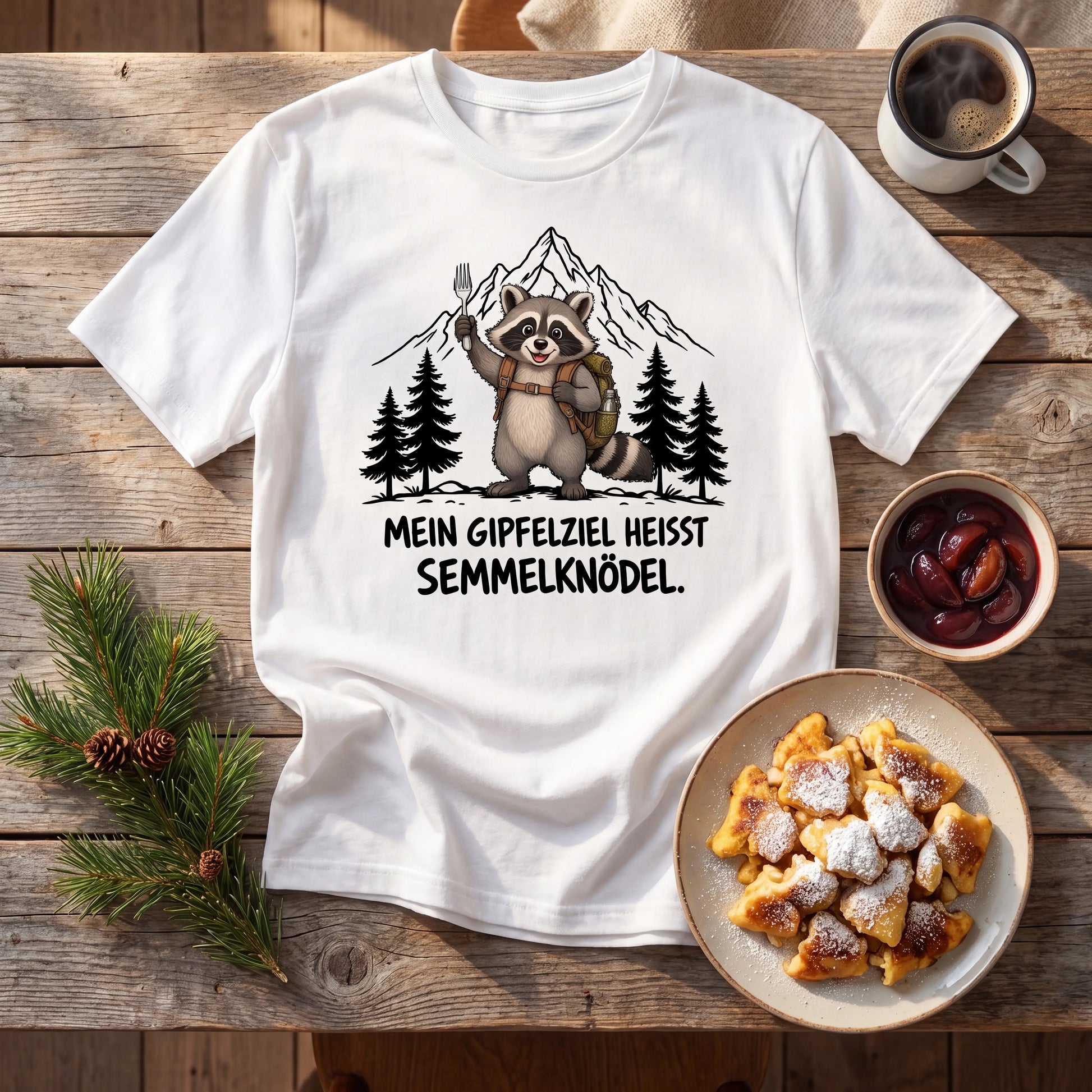 Semmelknödel Waschbär T-Shirt Unisex Flatlay Weiß gefaltet