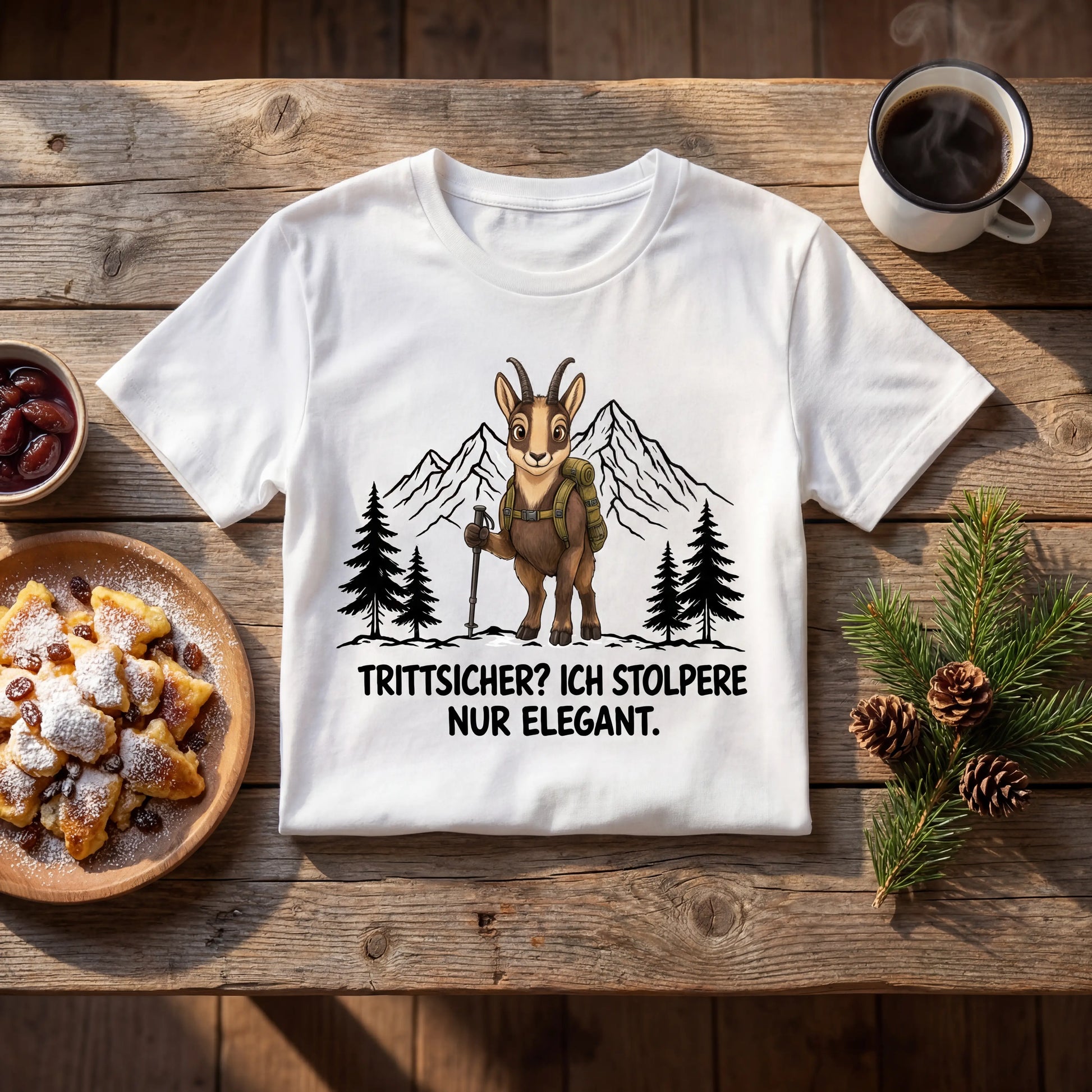 Trittsicher elegant Steinbock T-Shirt Unisex Flatlay Weiß gefaltet