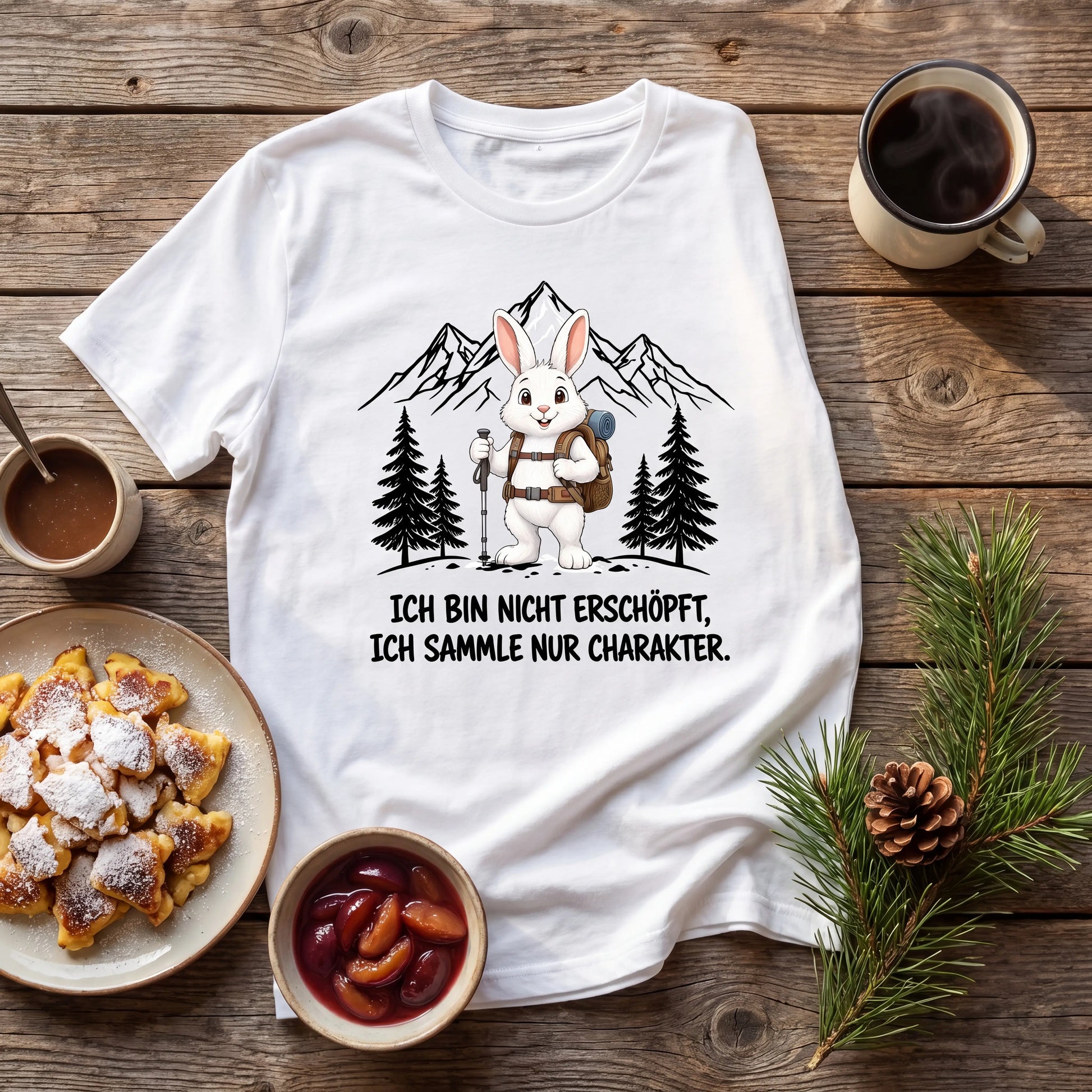 Charakter Hase T-Shirt Unisex Flatlay Weiß gefaltet