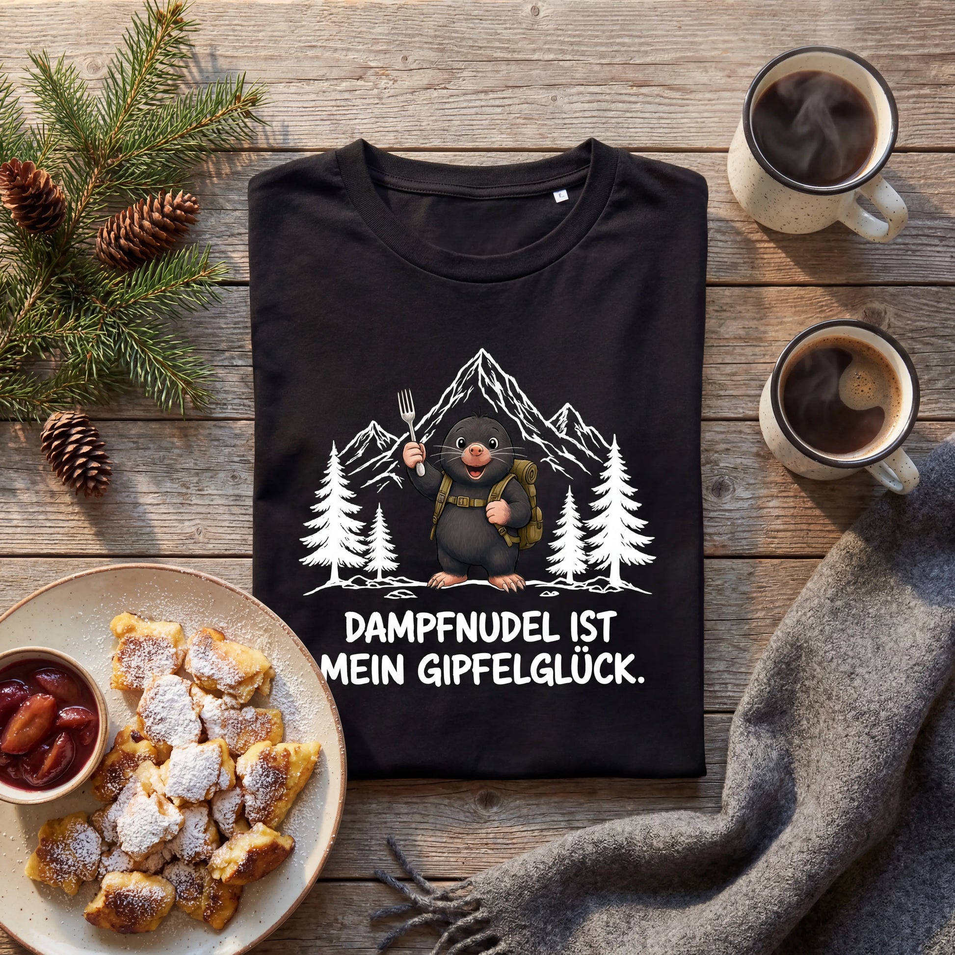 Dampfnudel Maulwurf T-Shirt Unisex Flatlay