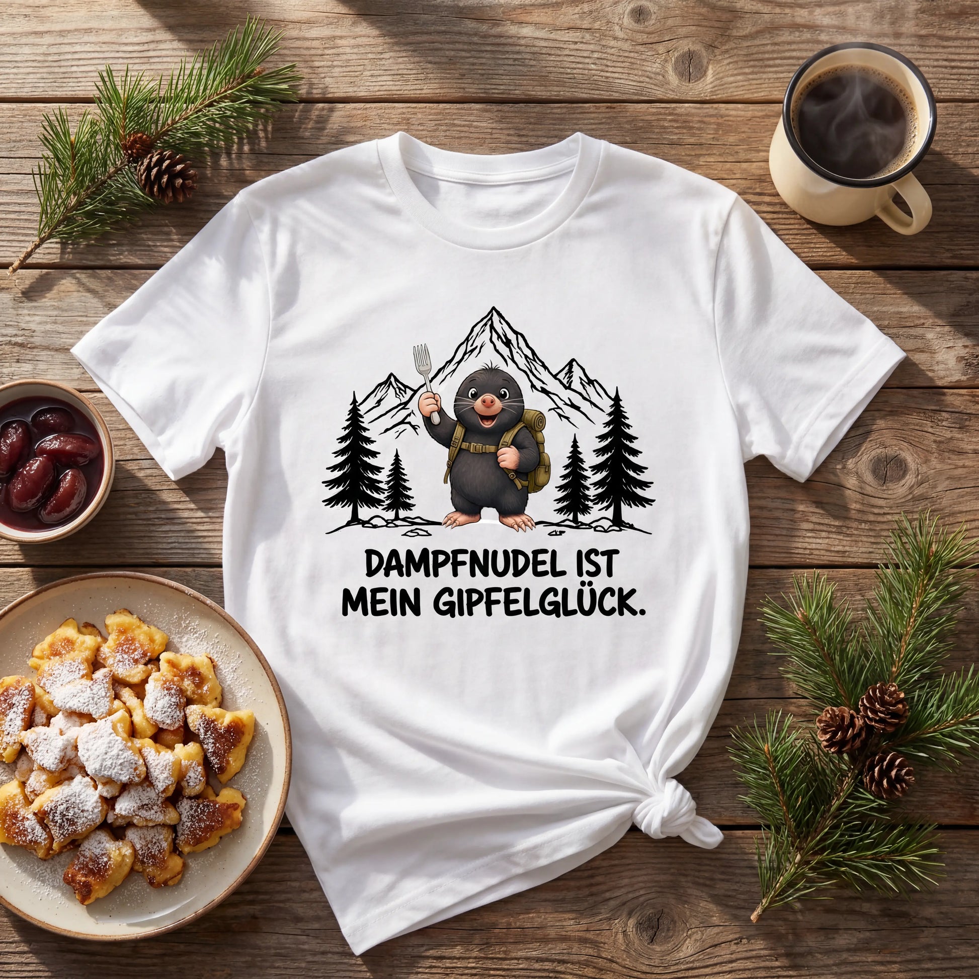 Dampfnudel Maulwurf T-Shirt Unisex Flatlay Weiß gefaltet