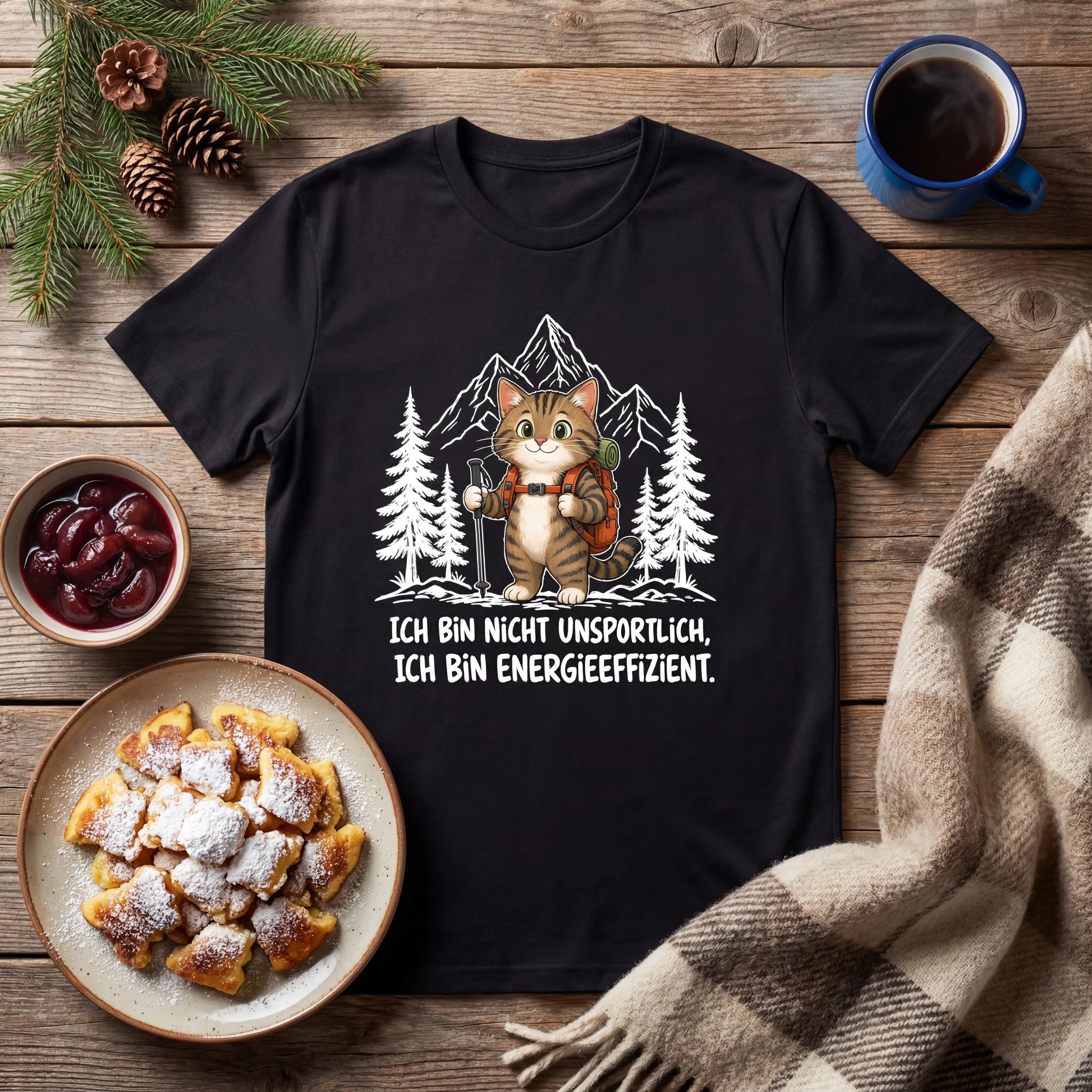 Energieeffizient Katze T-Shirt Unisex Flatlay