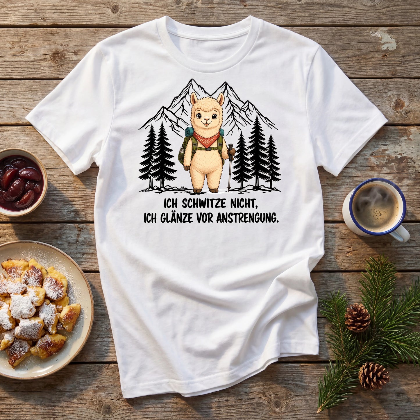 Glänze Anstrengung Alpaka T-Shirt Unisex Flatlay Weiß gefaltet