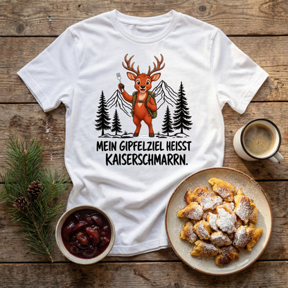 Kaiserschmarrn Hirsch T-Shirt Unisex Flatlay Weiß gefaltet
