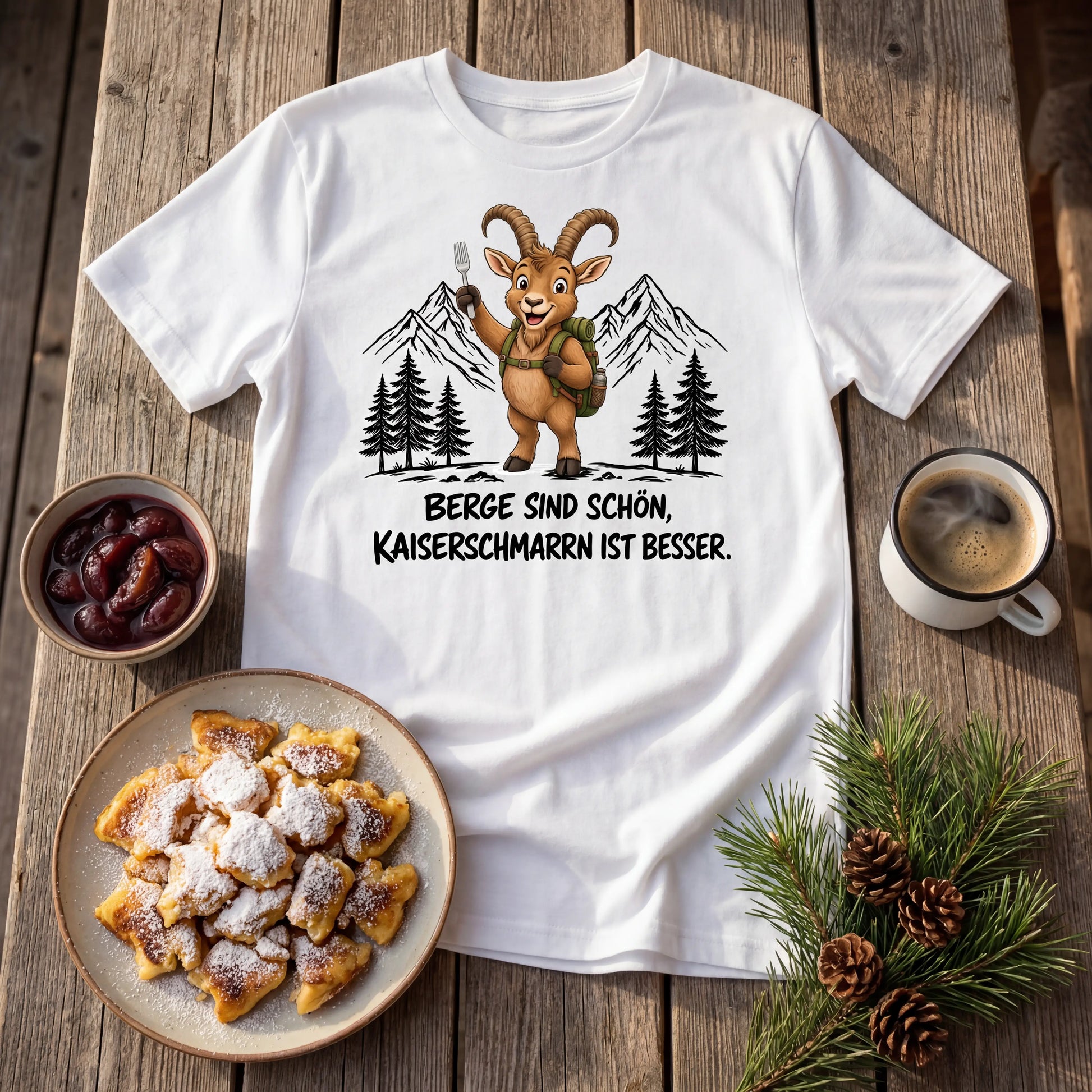 Kaiserschmarrn Steinbock T-Shirt Unisex Flatlay Weiß gefaltet