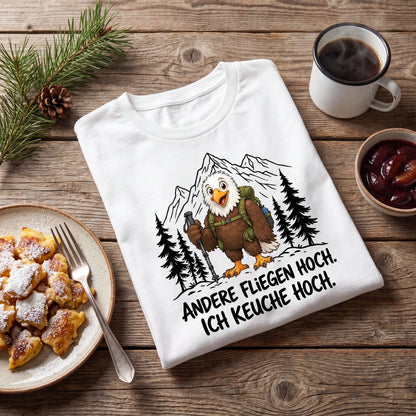 Keuche hoch Adler T-Shirt Unisex Flatlay Weiß gefaltet