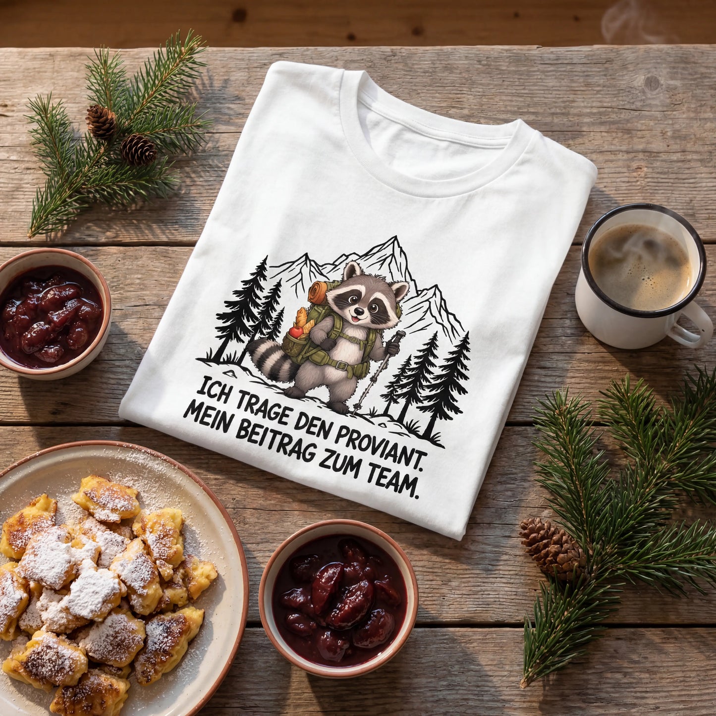 Proviant Waschbär T-Shirt Unisex Flatlay Weiß gefaltet