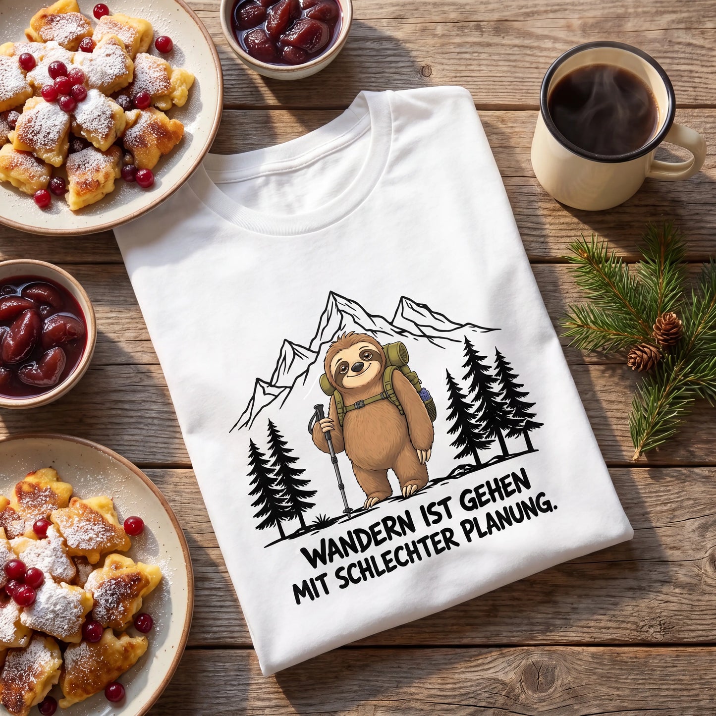 Schlechte Planung Faultier T-Shirt Unisex Flatlay Weiß gefaltet