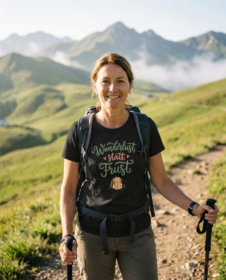 Wanderlust statt Frust Wandershirt Unisex in Schwarz, Wanderin auf Bergpfad in den Alpen