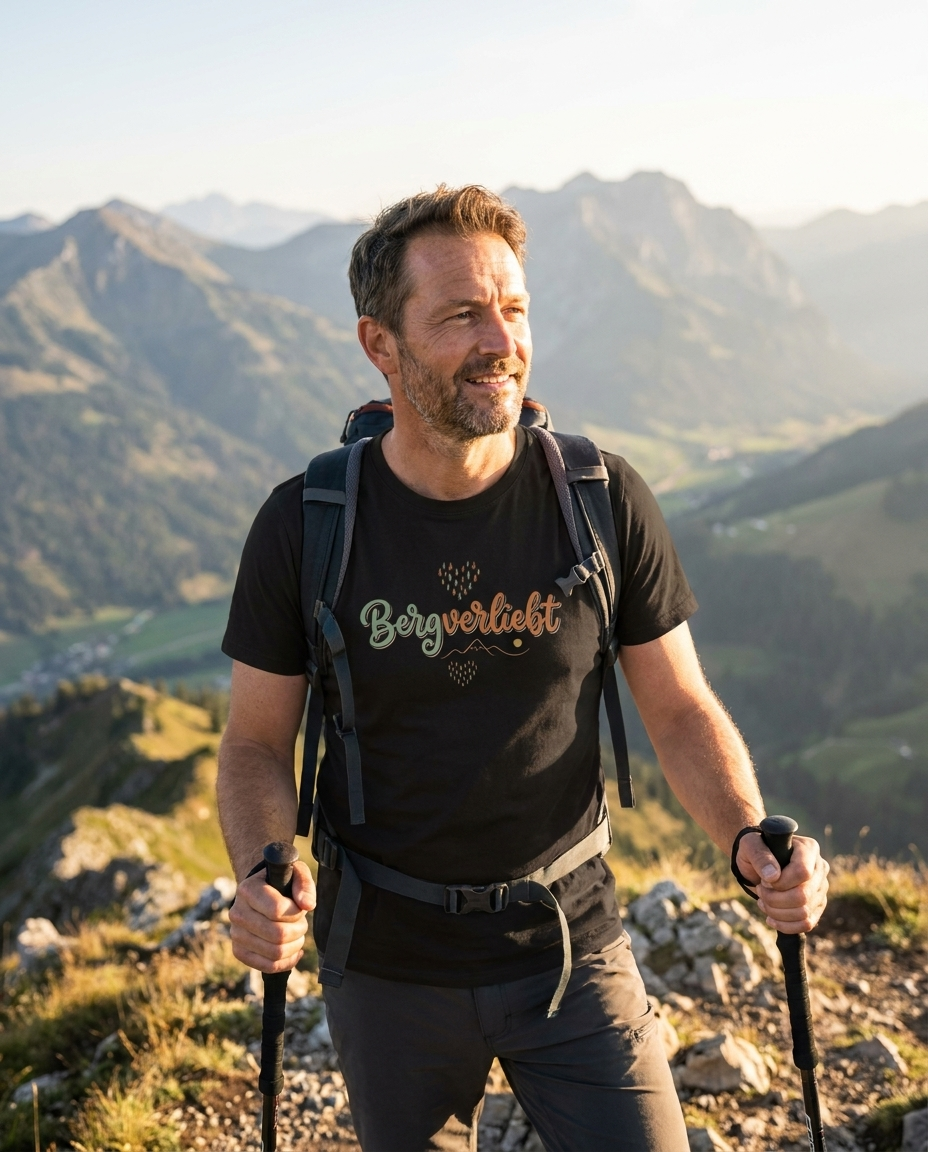 Bergverliebt Berg T-Shirt Unisex in Schwarz, Wanderer auf Felsgrat in den Alpen