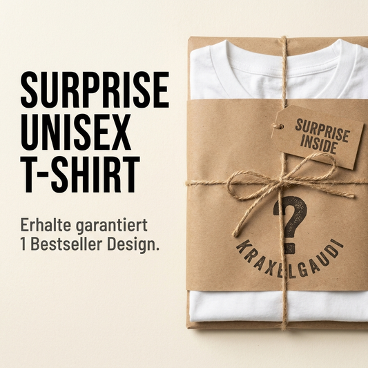 Surprise Unisex T-Shirt von Kraxelgaudi, im Kraftpapier verpackt mit Fragezeichen