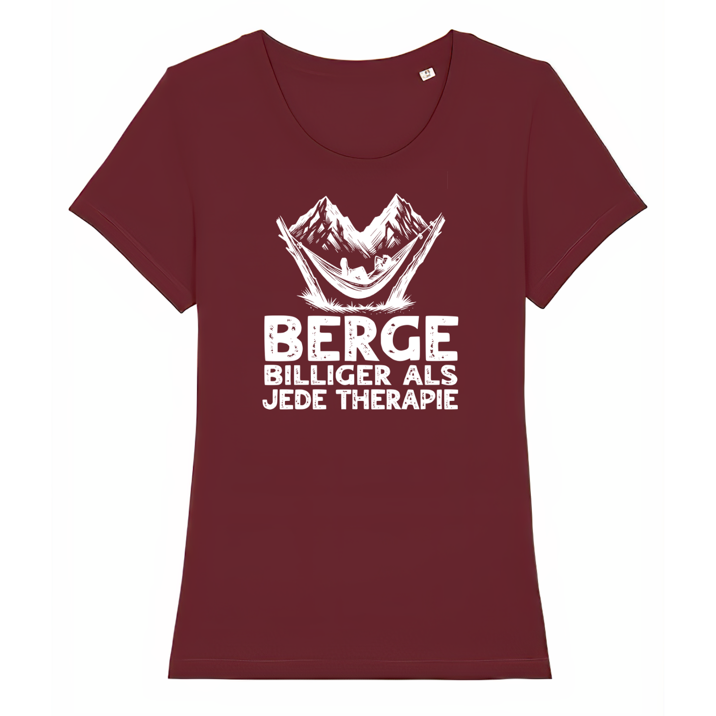 Bergtherapie Frauen Shirt mit Wander-Spruch, Print Nahaufnahme