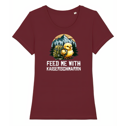 Feed Me Frauen Shirt mit Schriftzug, Print Nahaufnahme