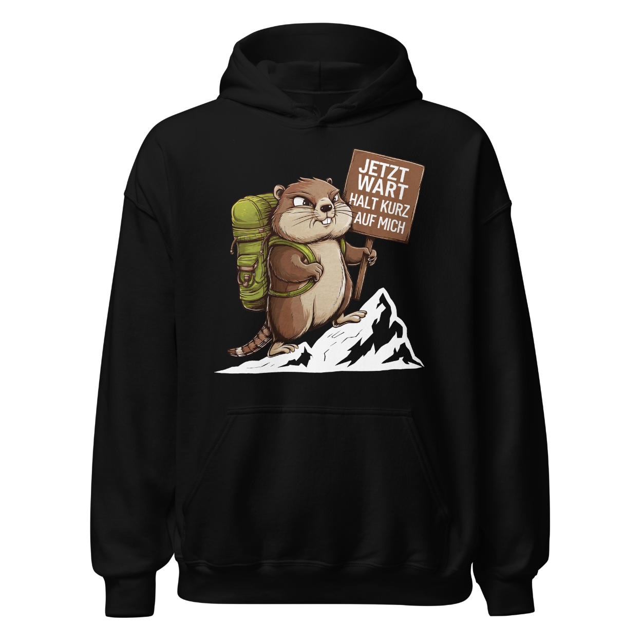 Warte kurz Hoodie Unisex mit Murmeltier-Motiv, Frontansicht