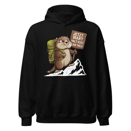 Warte kurz Hoodie Unisex mit Murmeltier-Motiv, Frontansicht