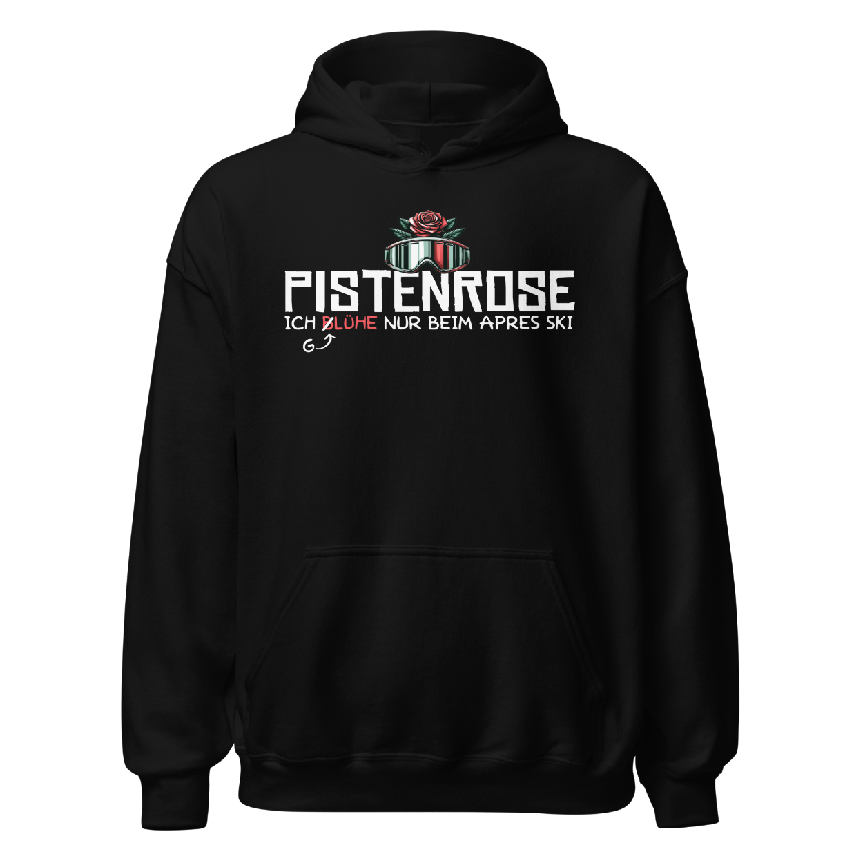 Pistenrose Hoodie mit Après-Ski-Spruch, Frontansicht
