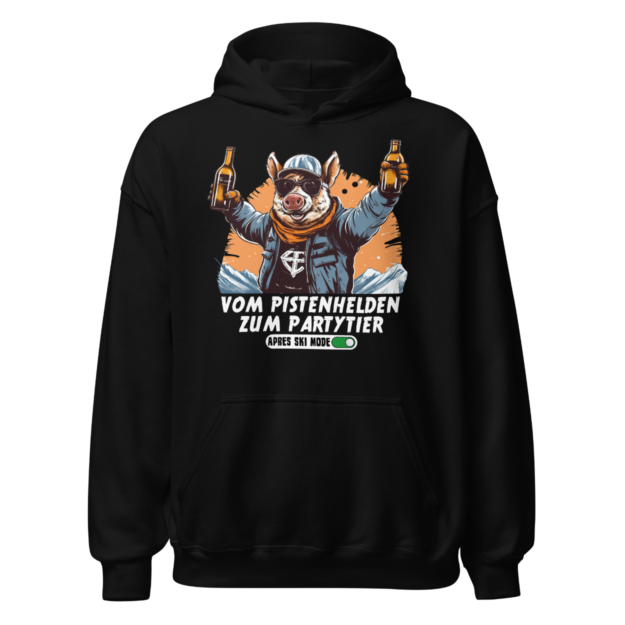 Pistenheld Hoodie mit Apres-Ski-Motiv, Frontansicht