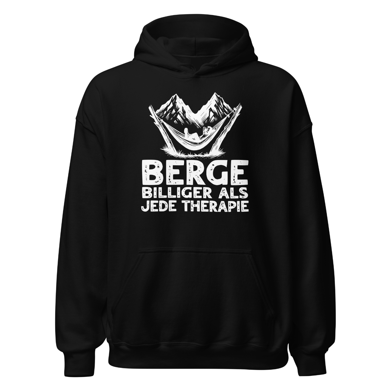 Bergtherapie Hoodie mit Berg-Spruch, Frontansicht