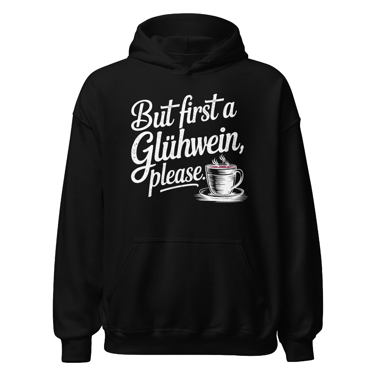 Glühwein First Hoodie mit Winter-Spruch, Print Nahaufnahme