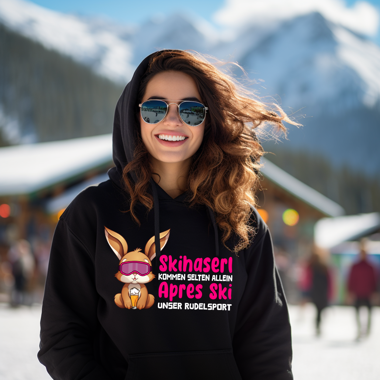 Skihaserl Rudelsport Hoodie mit Après-Ski-Motiv, Rückansicht