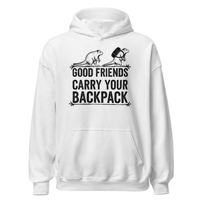 Gute Freunde Hoodie mit Berg-Spruch, Motivdetail