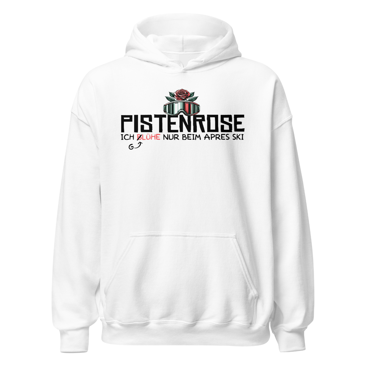 Pistenrose Hoodie mit Après-Ski-Spruch, Motivdetail