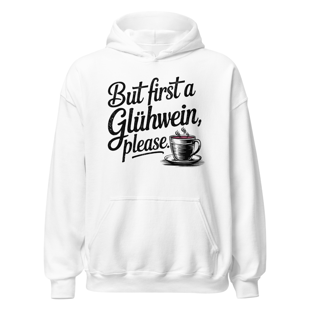 Glühwein First Hoodie mit Winter-Spruch, Detailansicht